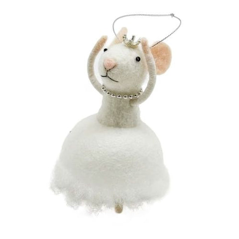 Ornement souris ballerine en laine avec couronne dorée