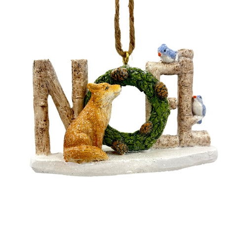 Ornement de Noël "NOËL" avec renard, oiseaux et couronne