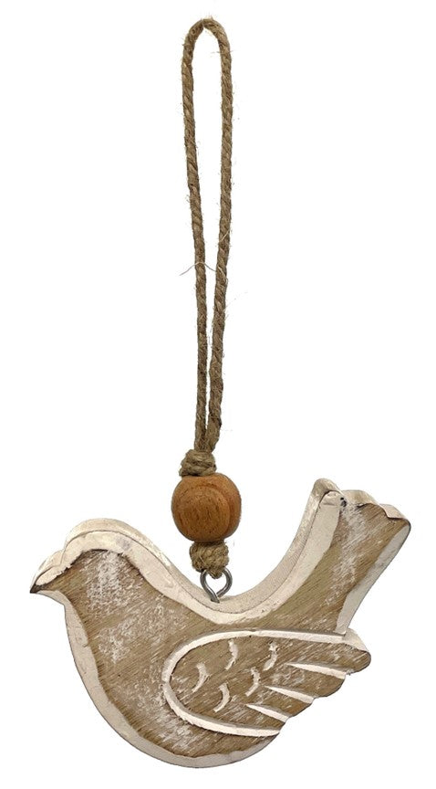 Ornement oiseau en bois blanchi