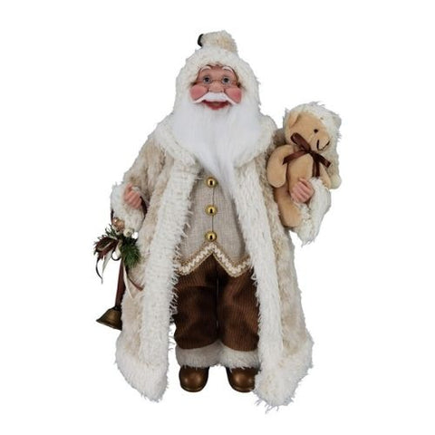 Père Noël debout en manteau ivoire avec ours en peluche