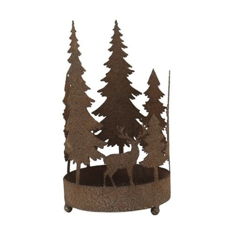 Porte-bougie en métal brun rouille avec scène de forêt
