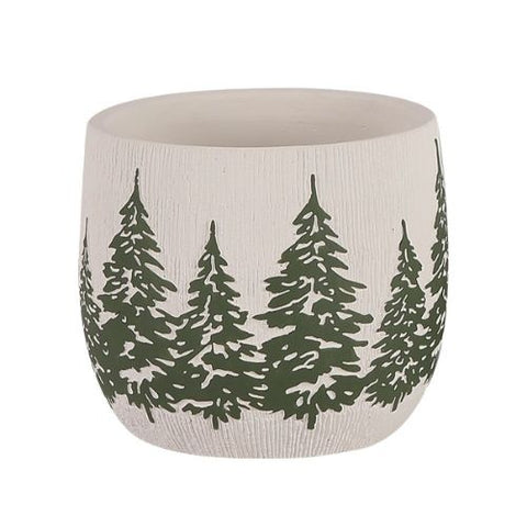 Jardinière en ciment blanc crème avec sapins verts en relief