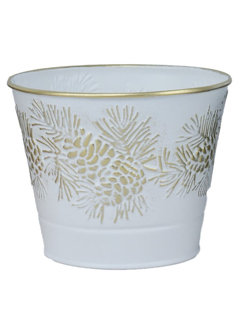 Pot en métal blanc avec motifs de cocottes dorées