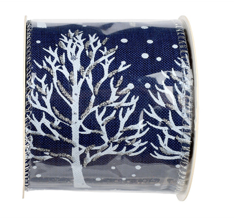 Ruban de Noël bleu marine avec branches argentées