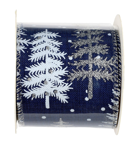 Ruban de Noël bleu marine avec sapins blancs et paillettes
