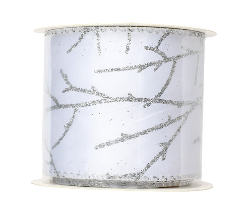 Ruban de Noël en tissu blanc avec branches argentées scintillantes