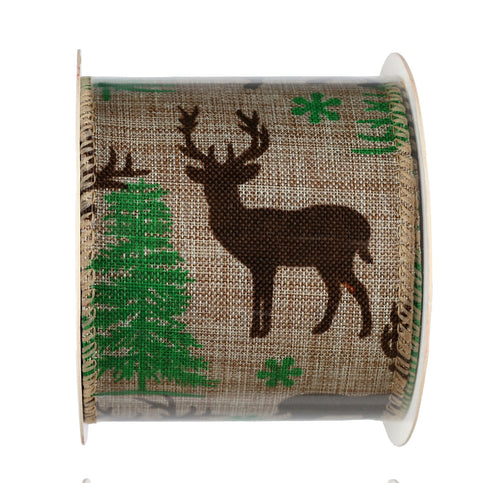 Ruban de Noël en tissu brun avec motifs de cerfs et sapins