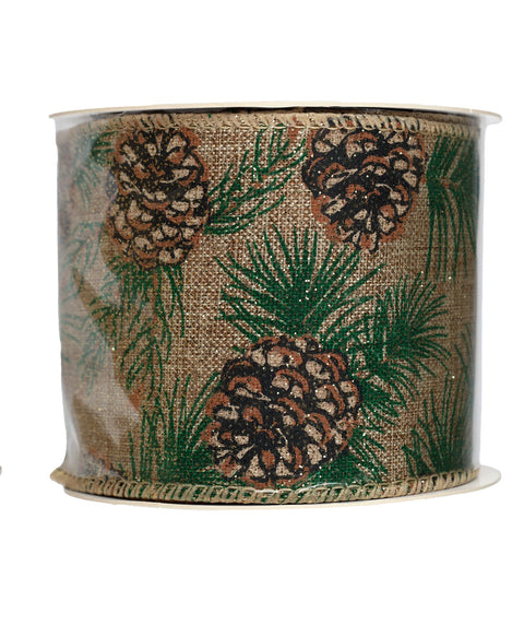 Ruban de Noël en tissu brun avec cocottes de pin et branches vertes