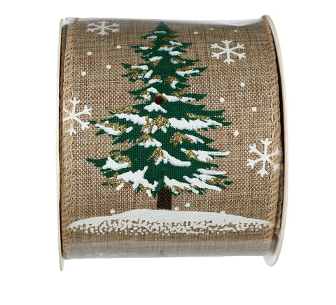 Ruban de Noël en tissu brun avec sapins enneigés et flocons