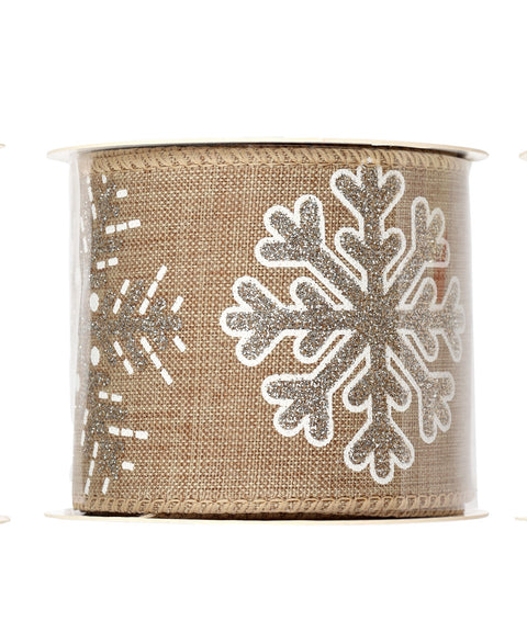 Ruban de Noël en tissu brun avec flocons blancs et argent