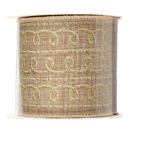 Ruban de Noël en tissu brun avec motifs dorés