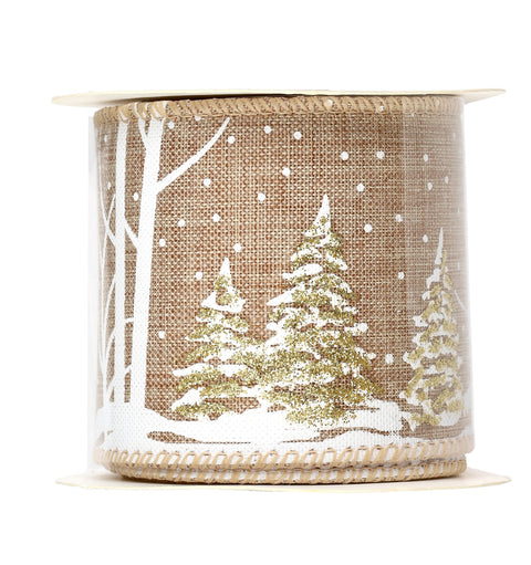 Ruban de Noël en tissu brun avec forêt enneigée et sapins dorés