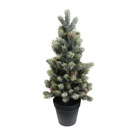 Sapin givré décoratif avec pommes de pin en pot noir