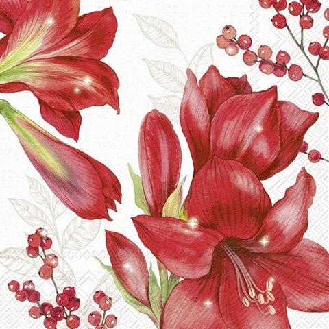 Serviette de table – Amaryllis rouge et baies festives