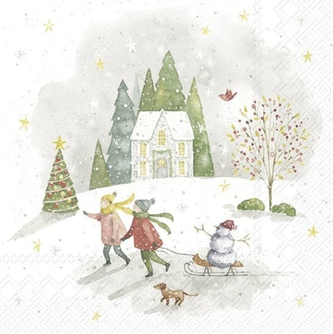 Serviette de table – Enfants et bonhomme de neige en balade