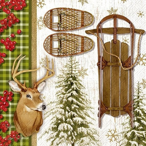 Serviette de table – Luge, raquettes et décor forestier