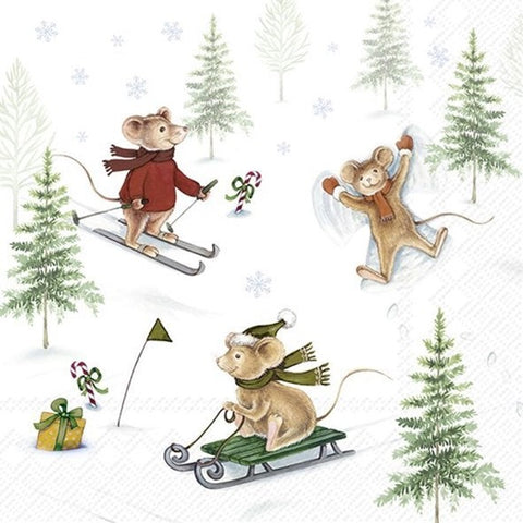 Serviette de table – Souris en luge et jeux d’hiver