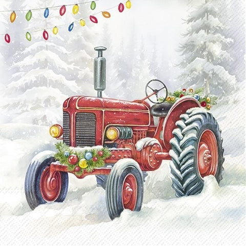 Serviette de table – Tracteur rouge décoré pour Noël