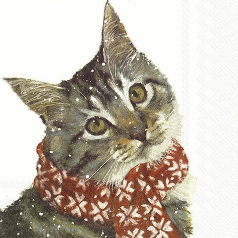 Serviette de table – Chat d’hiver avec foulard rouge