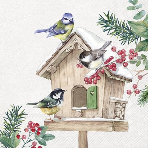 Serviette de table – Oiseaux d’hiver et cabane en bois