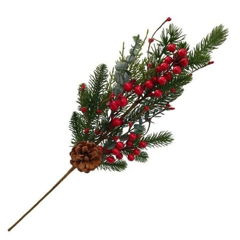 Branche de pin décorative avec baies rouges et pomme de pin