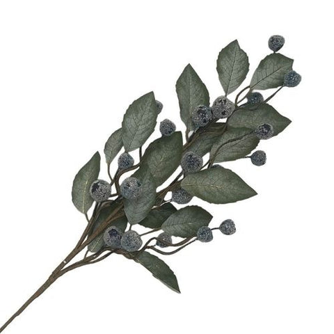 Tige décorative de feuilles vertes avec baies bleu glacé