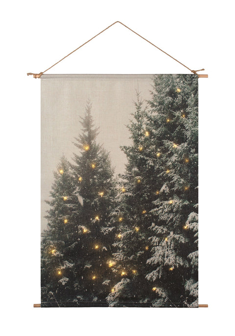 Toile murale avec sapins enneigés et lumières DEL