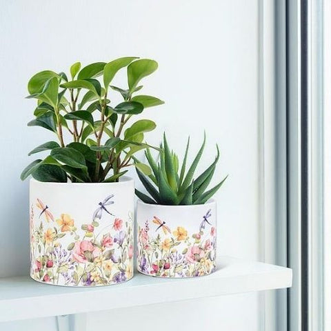 Cache-pot décoratif avec motifs floraux et libellules