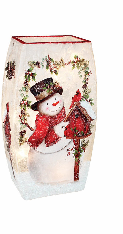 Vase illuminé bonhomme de neige et oiseaux