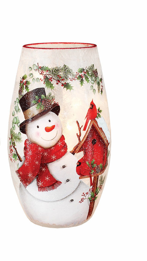 Vase illuminé bonhomme de neige et oiseaux