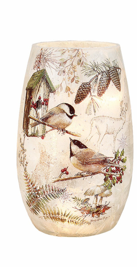 Vase illuminé cabane à oiseaux et mésanges
