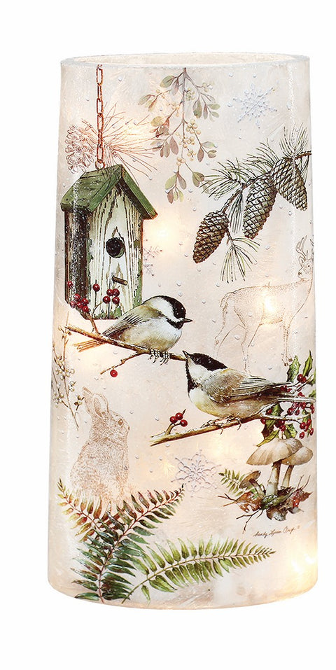 Vase illuminé cabane à oiseaux et mésanges