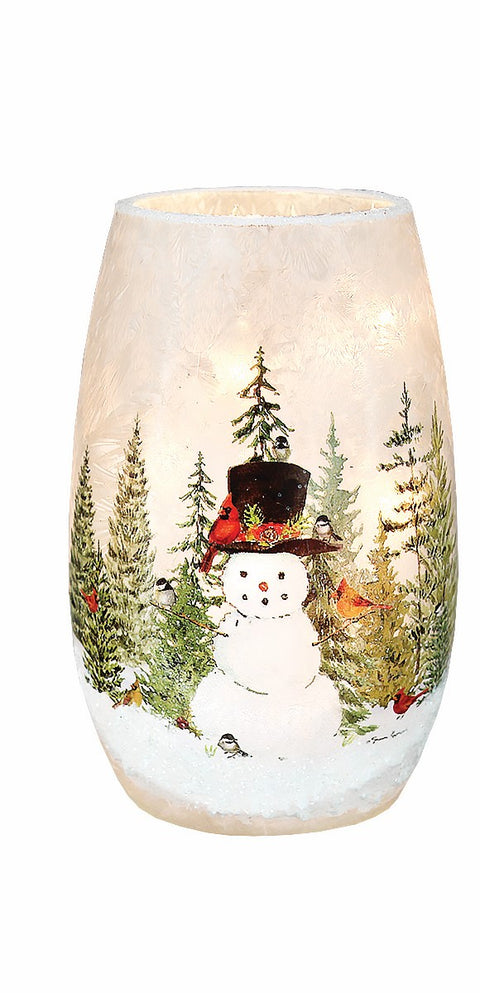 Vase illuminé de Noël  Bonhomme de neige au chapeau noir et oiseaux