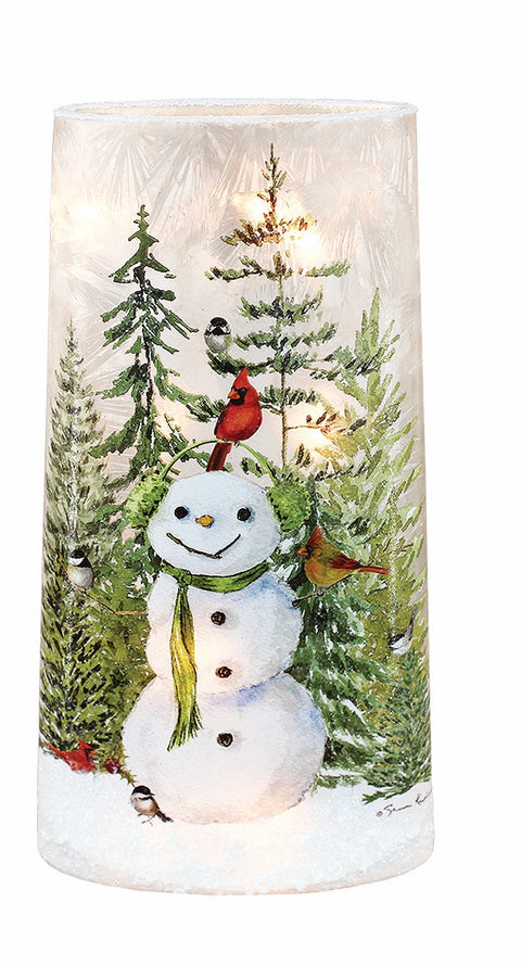 Vase illuminé Bonhomme de neige souriant et oiseaux
