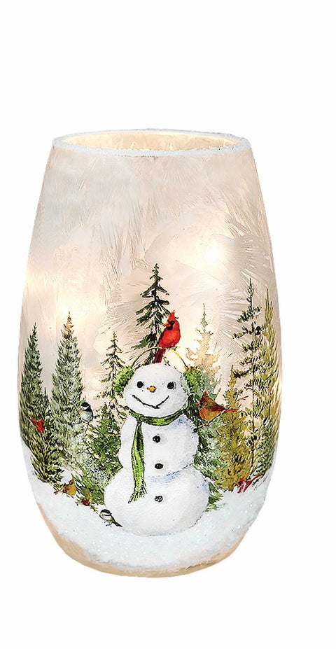 Vase illuminé de Noël Bonhomme de neige souriant et oiseaux en forêt