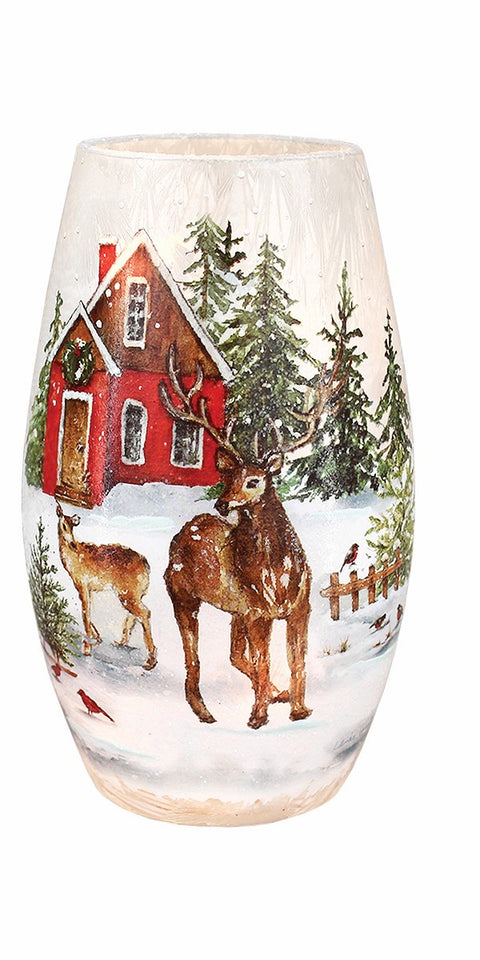Vase illuminé de Noël Maison rouge, forêt et cervidés