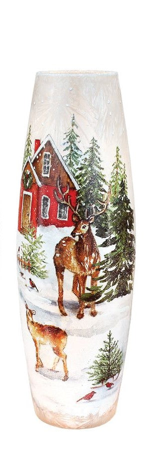 Vase illuminé de Noël Maison rouge et forêt avec cerfs