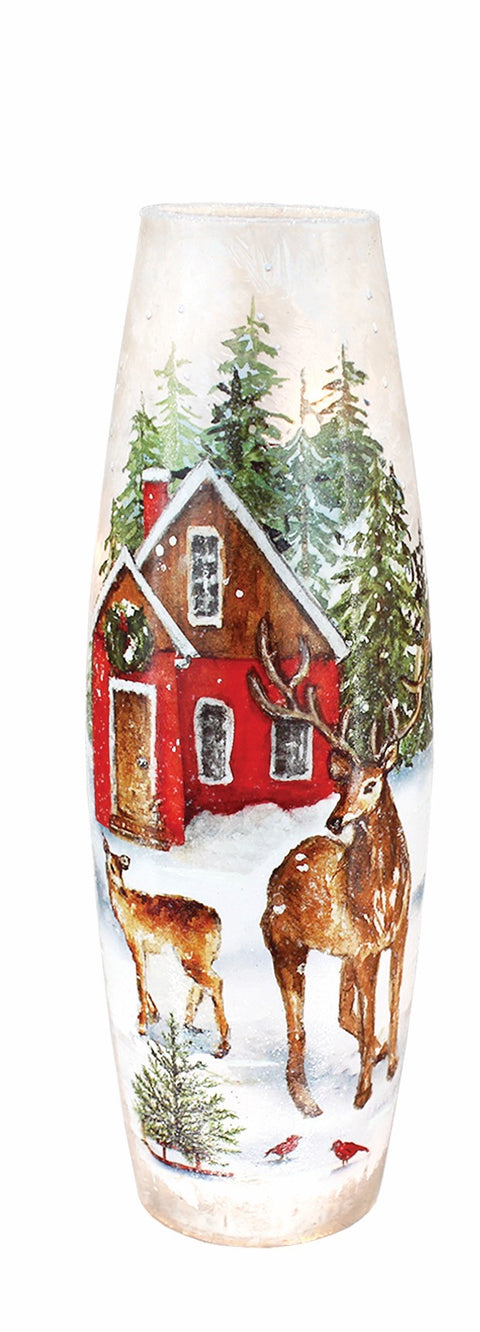Vase illuminé de Noël Maison rouge et cerfs en forêt enneigée