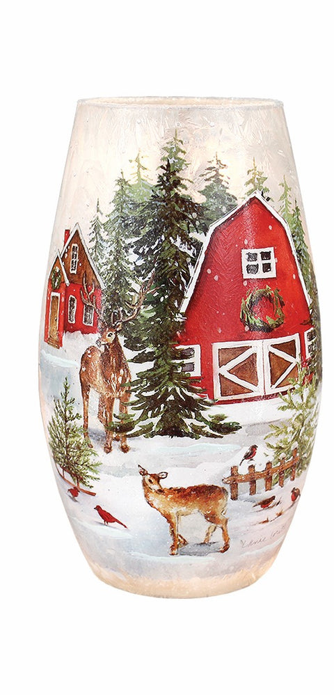Vase illuminé de Noël Grange rouge, cerfs et oiseaux en forêt enneigée