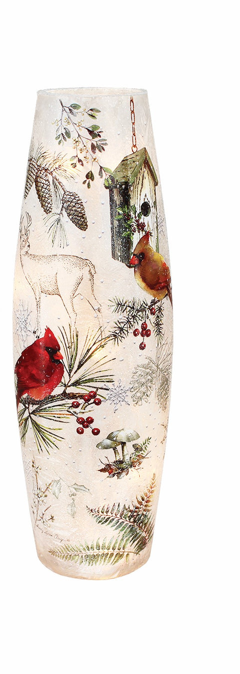 Vase illuminé cabane à oiseaux et cardinaux