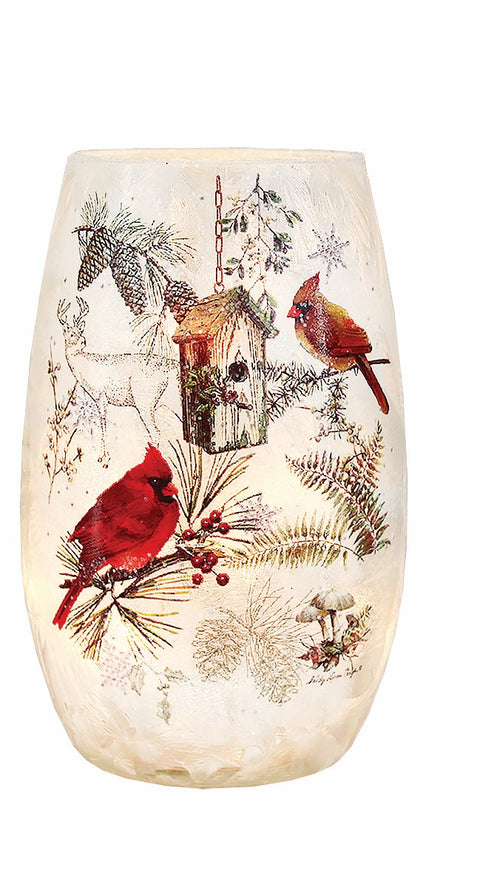 Vase illuminé cabane à oiseaux et cardinaux