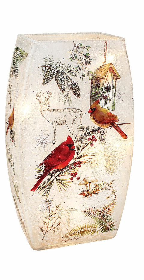 Vase illuminé cabane à oiseaux et cardinaux