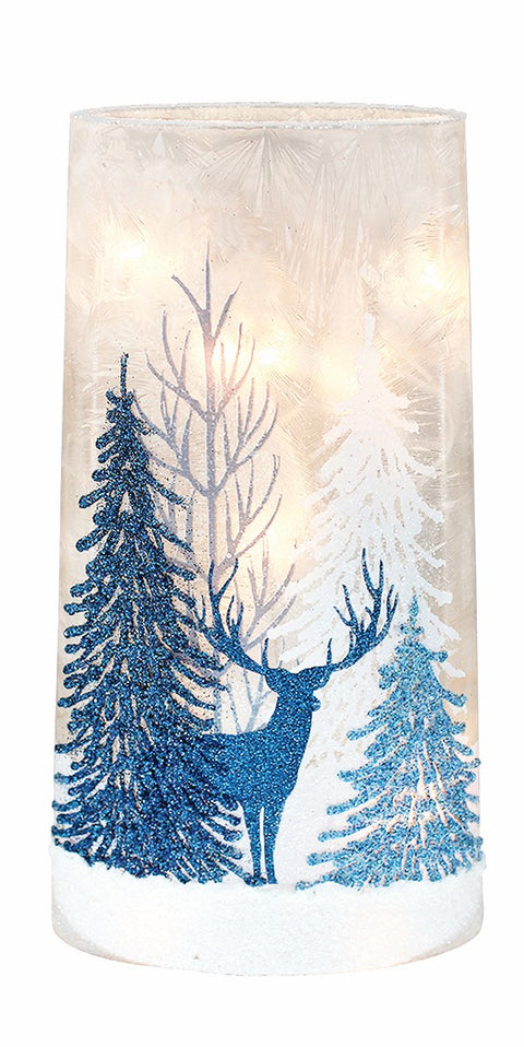 Vase illuminé de Noël Cerf bleu et sapins enneigés scintillants
