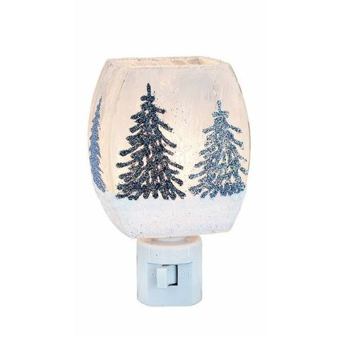 Veilleuse de Noël Sapins bleus pailletés sur fond enneigé