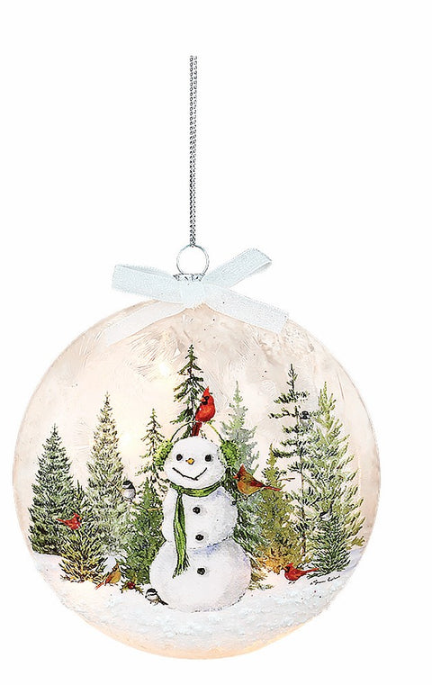 Boule de Noël illuminée Bonhomme de neige joyeux et oiseaux en forêt