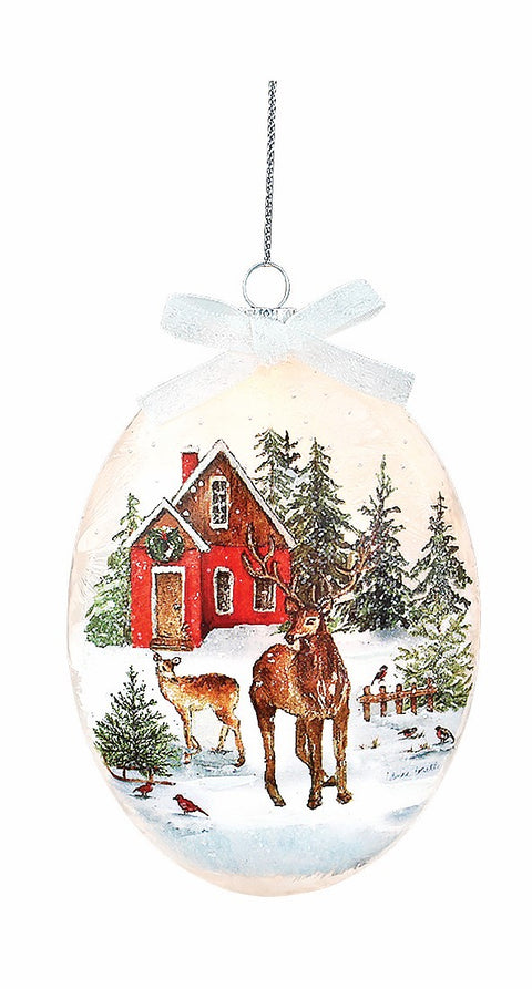 Boule de Noël illuminée Maison rouge et cerfs en forêt