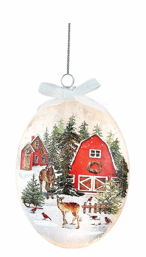 Boule de Noël illuminée Grange rouge et cerfs