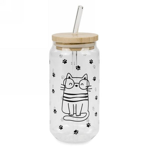 Verre avec paille à motif de chat