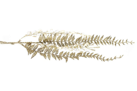 Branche décorative dorée avec feuillage scintillant et perles
