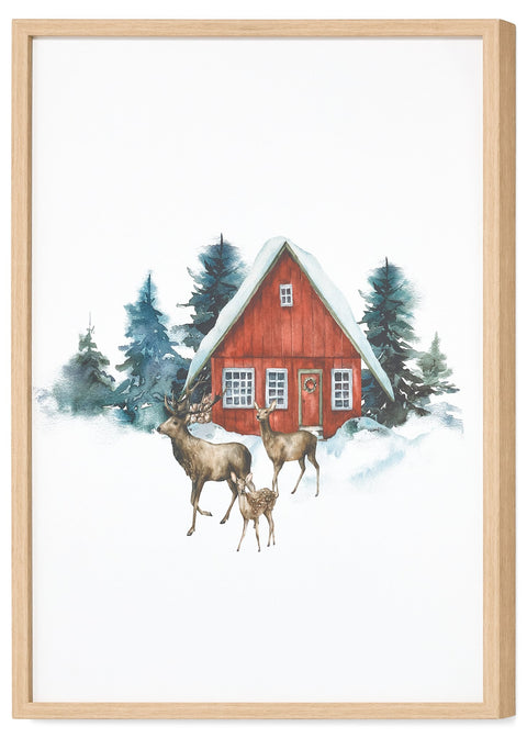 Cadre décoratif cabane rouge et cerfs